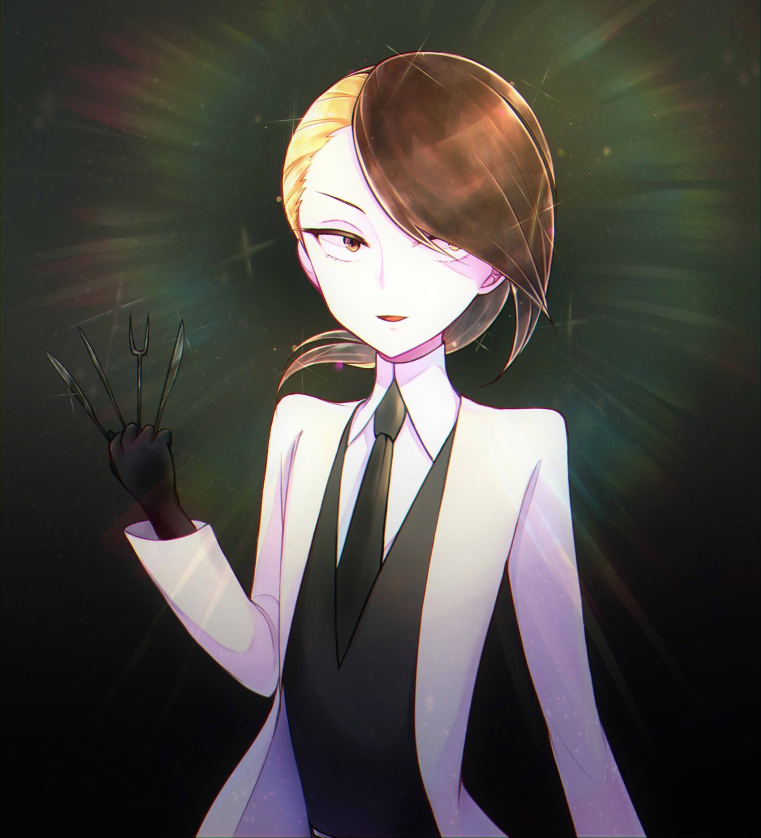 1other androgynous asymmetrical_hair blonde_hair brown_eyes brown_hair crystal_hair dark_background gem_uniform_(houseki_no_kuni) gloves hair_over_one_eye highres houseki_no_kuni kanade_00xx knife labcoat looking_at_viewer multicolored_hair necktie rutile_(houseki_no_kuni) short_hair smile solo two-tone_hair upper_body yellow_eyes