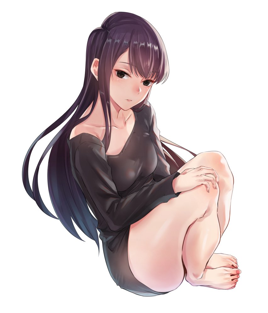 1girl alternate_costume backlighting bad_perspective bangs barefoot black_eyes black_hair blush breasts brown_hair collarbone error expressionless eyebrows_visible_through_hair feet fingernails from_side full_body gradient_hair hand_on_lap hand_on_own_knee hips komi-san_wa_komyushou_desu komi_shouko legs legs_together long_hair long_sleeves looking_at_viewer looking_to_the_side medium_breasts multicolored_hair nail_polish neck off_shoulder parted_lips pink_lips purple_hair red_nails shiny shiny_clothes shiny_hair shiny_skin sidelocks simple_background sitting solo sweater thick_thighs thighs tight_(ohmygod) toenail_polish toenails toes very_long_hair white_background
