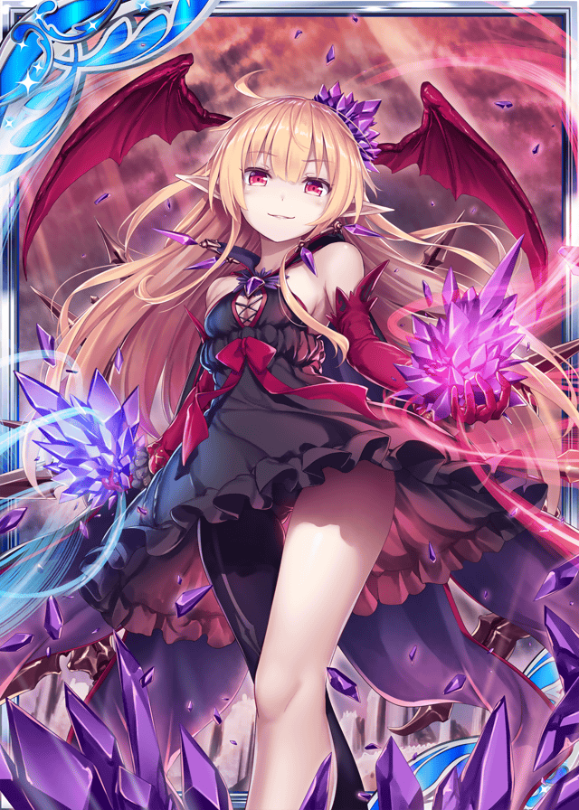 1girl akkijin bat_wings black_dress blonde_hair card_(medium) crystal demon_girl demon_wings dress elbow_gloves elf frilled_dress frills gloves hair_ornament jewelry looking_at_viewer official_art pointy_ears red_eyes red_gloves red_ribbon red_sky ribbon shinkai_no_valkyrie short_dress sky wings