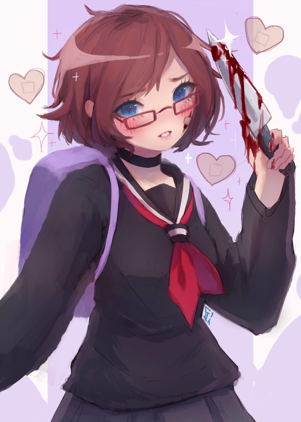 1boy 1girl black_choker black_sailor_collar black_serafuku black_shirt black_skirt blood bloody_hands bloody_knife blue_eyes blush brown_hair choker commentary dochanhee english_commentary glasses heart highres holding holding_knife kitchen_knife knife long_sleeves looking_at_viewer neckerchief original pleated_skirt purple_backpack red-framed_eyewear red_neckwear sailor_collar school_uniform serafuku shiny shirt short_hair skirt solo star