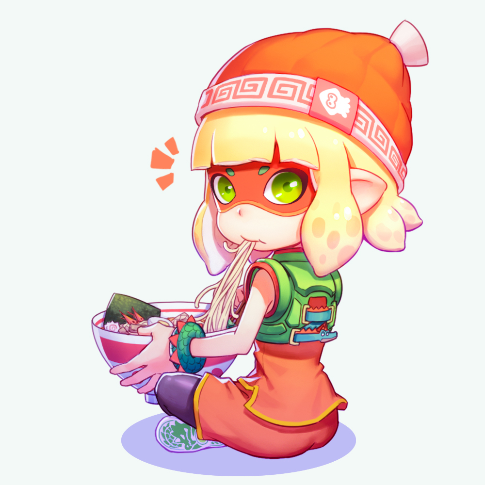 1girl arms_(game) bangs beanie black_legwear blonde_hair blunt_bangs bowl bracelet closed_mouth cosplay domino_mask food green_eyes hat inkling jewelry looking_at_viewer mask min_min_(arms) min_min_(arms)_(cosplay) nintendo noodles orange_hat pointy_ears short_hair simple_background sitting solo splatoon tentacle_hair w2398510474 white_background