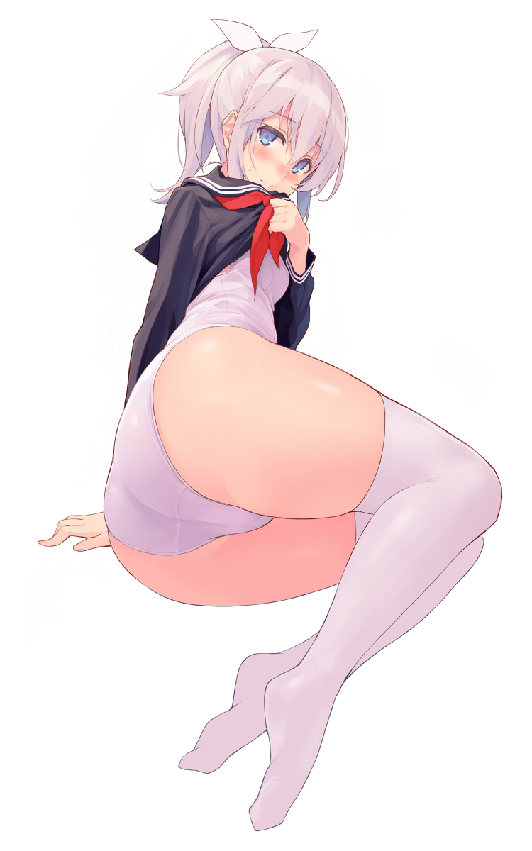 1girl ass bangs blue_eyes blush bow breasts closed_mouth feet full_body grey_shirt hair_between_eyes hair_bow highres hips kekemotsu legs long_hair long_sleeves looking_at_viewer neckerchief one-piece_swimsuit original red_neckwear sailor_collar sailor_shirt school_swimsuit shirt silver_hair simple_background small_breasts solo swimsuit thigh-highs thighs white_background white_legwear white_swimsuit