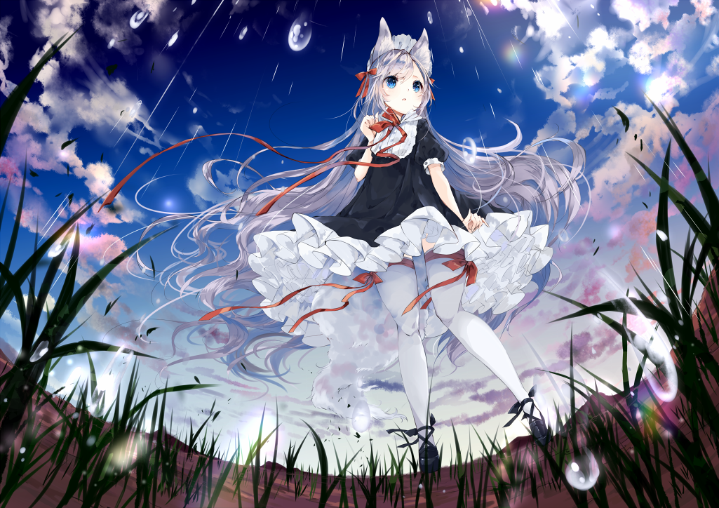 1girl animal_ears bangs black_dress blue_eyes blue_sky blurry blurry_foreground blush bow clouds commentary_request day depth_of_field dress eyebrows_visible_through_hair fox_ears fox_girl fox_tail from_below grass hair_between_eyes hair_bow long_hair original outdoors parted_lips puffy_short_sleeves puffy_sleeves rain red_bow red_ribbon ribbon short_sleeves silver_hair sky solo standing tail thigh-highs umino_mizu very_long_hair water_drop white_legwear