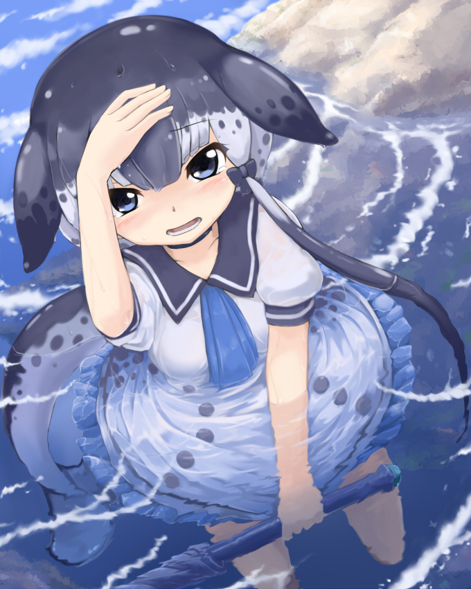 1girl blowhole blue_eyes blush bow choker commentary_request dress eyebrows_visible_through_hair frilled_dress frills from_above grey_hair hair_bow hand_on_head hidarikata kemono_friends multicolored_hair narwhal_(kemono_friends) narwhal_tail neckerchief polearm puffy_short_sleeves puffy_sleeves sailor_dress short_hair short_sleeves solo spear tail weapon