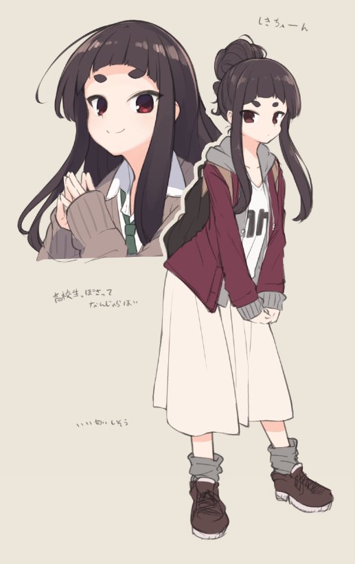 1girl backpack bag bangs brown_background brown_footwear brown_hair brown_sweater closed_mouth clothes_writing collarbone collared_shirt commentary_request drawstring green_neckwear grey_legwear hood hood_down hooded_jacket jacket kuranami_shiki leaning_forward long_hair long_sleeves looking_at_viewer loose_socks multiple_views natsuki_teru necktie open_clothes open_jacket original red_jacket school_uniform shirt shoes short_eyebrows sidelocks simple_background sleeves_past_wrists smile socks sweater thick_eyebrows translation_request v-shaped_eyebrows white_shirt