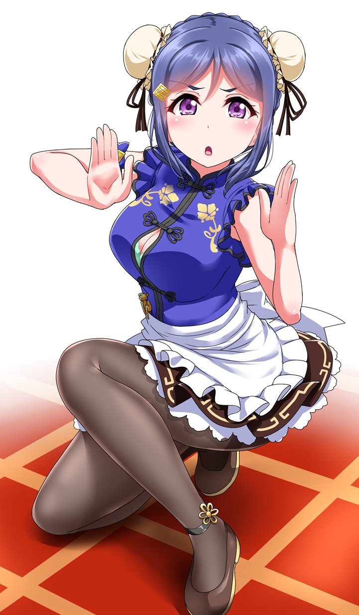 1girl :o alternate_hairstyle ankle_strap apron black_footwear black_legwear black_ribbon blue_hair blue_shirt blush braid breasts bun_cover bursting_breasts chinese_clothes cleavage commentary_request crown_braid fighting_stance hair_ornament hairclip hands_up highres looking_at_viewer love_live! love_live!_sunshine!! matsuura_kanan one_knee pantyhose ribbon shirt shoes sidelocks skirt solo v-shaped_eyebrows violet_eyes waist_apron white_apron yopparai_oni