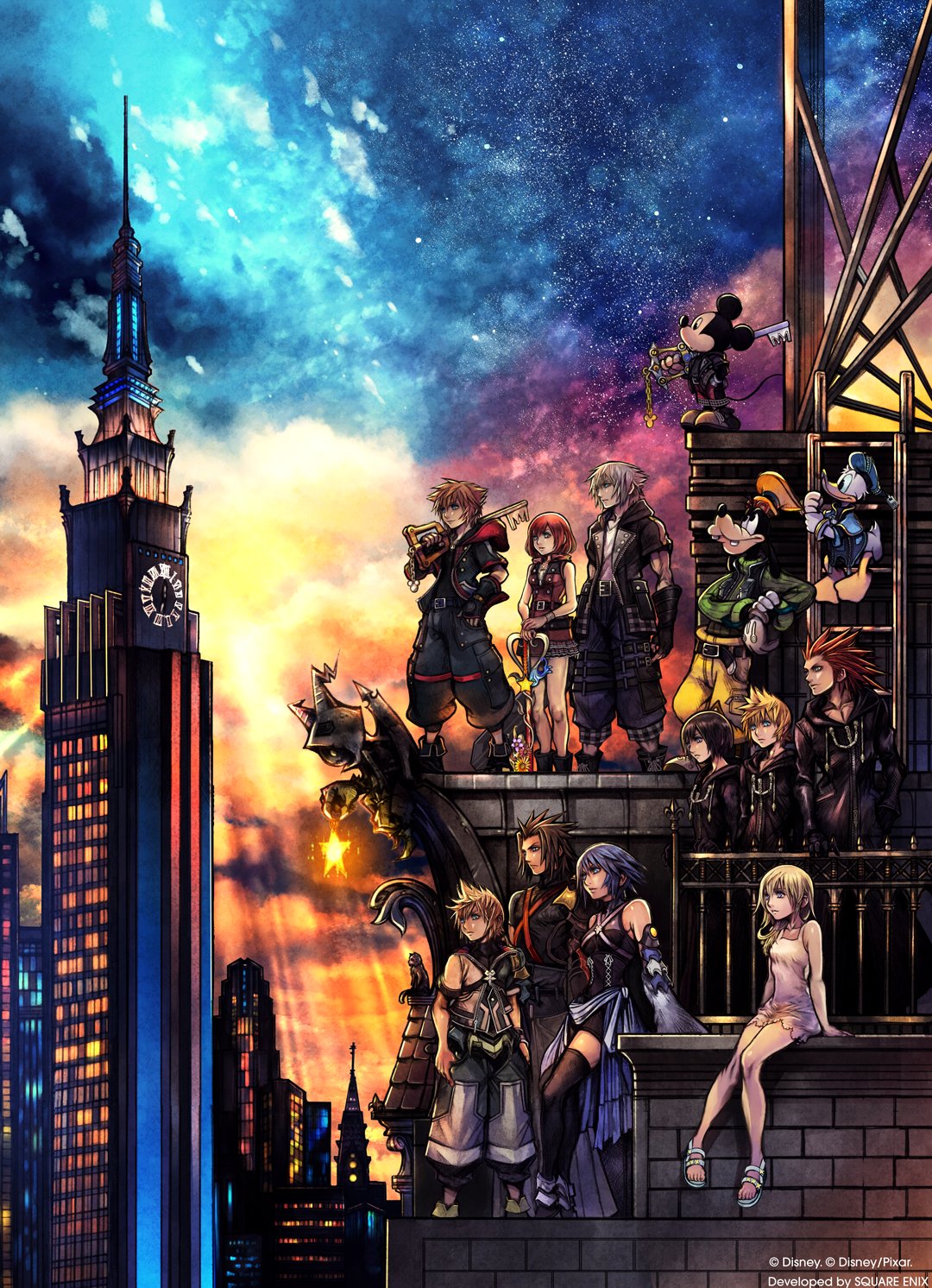 animal_ears aqua_(kingdom_hearts) axel_(kingdom_hearts) black_coat black_coat_(kingdom_hearts) black_hair blonde_hair building city clock clock_tower coat detached_sleeves disney donald_duck gargoyle goofy highres hood hoodie kairi_(kingdom_hearts) keyblade kingdom_hearts kingdom_hearts_iii mickey_mouse mouse_ears namine nomura_tetsuya official_art over_shoulder redhead riku roxas serious skyscraper smile sora_(kingdom_hearts) spiky_hair square_enix standing terra_(kingdom_hearts) tower twilight ventus weapon weapon_over_shoulder xion_(kingdom_hearts)