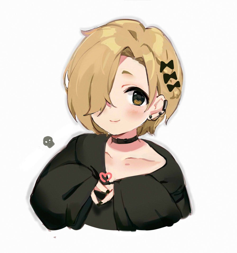 1girl alternate_hairstyle black_bow black_nails blonde_hair blush bow braid brown_eyes collar collarbone commentary cropped_torso ear_piercing earrings fingers_together hair_bow hair_over_one_eye hood hoodie idolmaster idolmaster_cinderella_girls jewelry looking_at_viewer nail_polish piercing shirasaka_koume short_hair side_braid simple_background sketch skull sleeves_past_wrists smile solo tomato_omurice_melon white_background