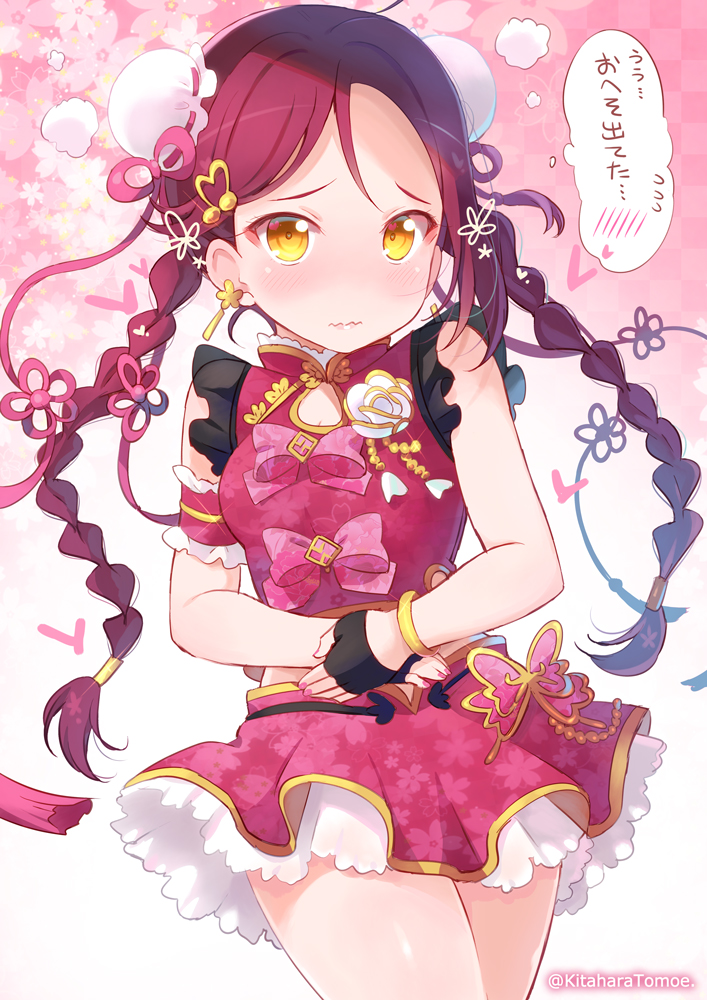 1girl alternate_hairstyle armband black_gloves blush bow bracelet braid bun_cover china_dress chinese_clothes cleavage_cutout commentary_request cowboy_shot dress earrings fingerless_gloves gloves jewelry kitahara_tomoe_(kitahara_koubou) long_hair looking_at_viewer love_live! love_live!_sunshine!! musical_note_hair_ornament pink_bow pink_dress pink_ribbon redhead ribbon sakurauchi_riko solo spoken_blush spoken_flying_sweatdrops tassel translated twin_braids twitter_username wavy_mouth yellow_eyes