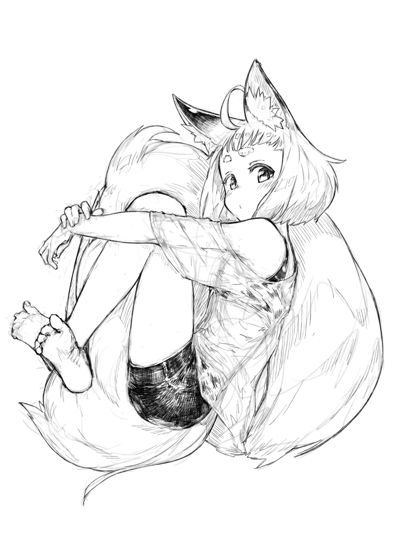 1girl ahoge animal_ear_fluff animal_ears bangs bare_shoulders barefoot bike_shorts crossed_ankles fingernails fox_ears fox_girl fox_girl_(jaco) fox_tail from_side full_body greyscale jaco large_tail leg_hug looking_at_viewer looking_to_the_side monochrome off-shoulder_shirt original see-through shirt short_hair short_shorts shorts simple_background sketch solo tail tail_hug thick_eyebrows white_background