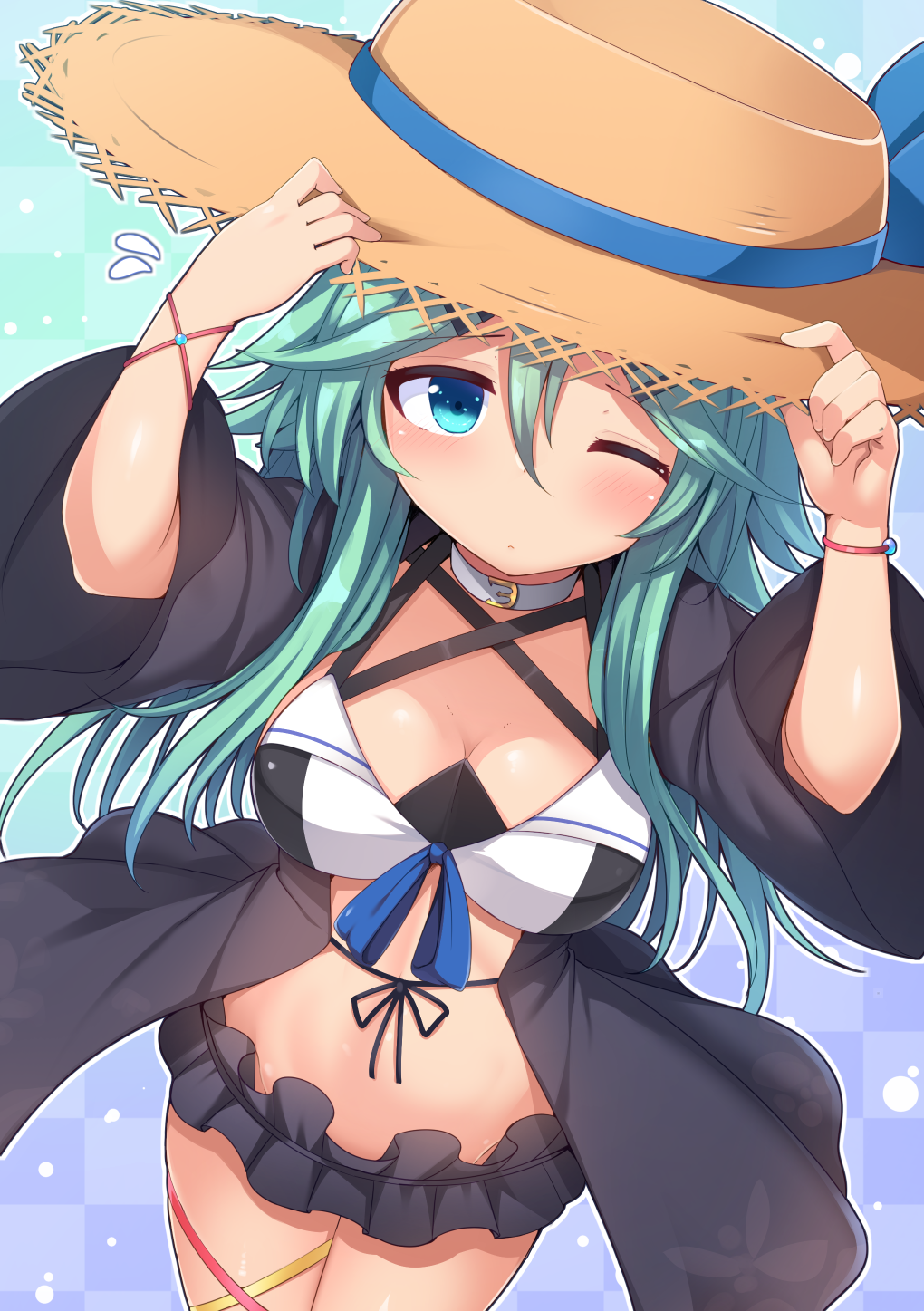 1girl ;&lt; aqua_hair arms_up bikini black_bikini_bottom black_ribbon blue_eyes blue_ribbon blush breasts brown_hat checkered checkered_background choker cleavage closed_mouth commentary_request cowboy_shot criss-cross_halter eyebrows_visible_through_hair from_above front-tie_bikini front-tie_top gradient gradient_background groin hair_between_eyes halterneck hands_on_headwear hat hat_ribbon highres kantai_collection long_hair looking_at_viewer looking_up medium_breasts mismatched_bikini open_clothes ribbon skindentation sleeves_past_elbows snow_(gi66gotyo) solo stomach straw_hat swimsuit thighs very_long_hair white_bikini_top white_choker wide_sleeves wristband yamakaze_(kantai_collection)