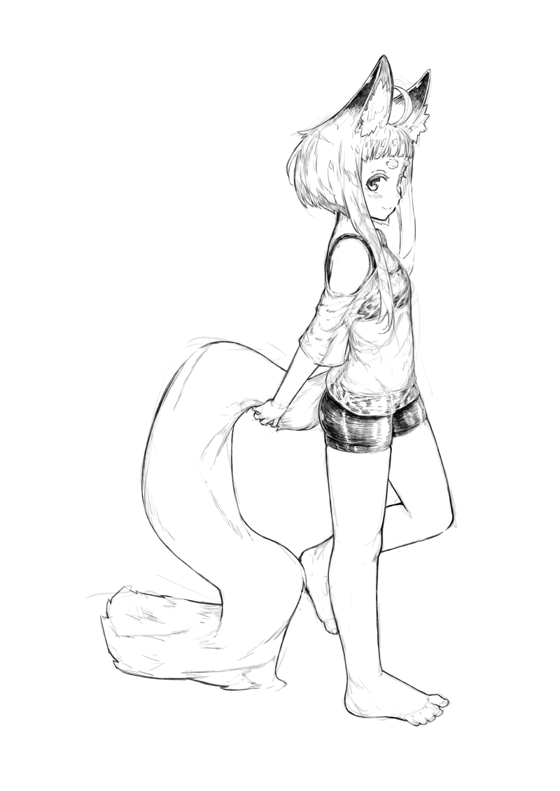 1girl ahoge animal_ear_fluff animal_ears bangs barefoot bike_shorts blush closed_mouth fox_ears fox_girl fox_girl_(jaco) fox_tail from_side full_body greyscale holding_tail jaco leg_up long_hair looking_at_viewer looking_to_the_side monochrome off-shoulder_shirt original see-through shirt short_hair_with_long_locks short_shorts shorts sidelocks simple_background smile solo standing standing_on_one_leg tail thick_eyebrows white_background