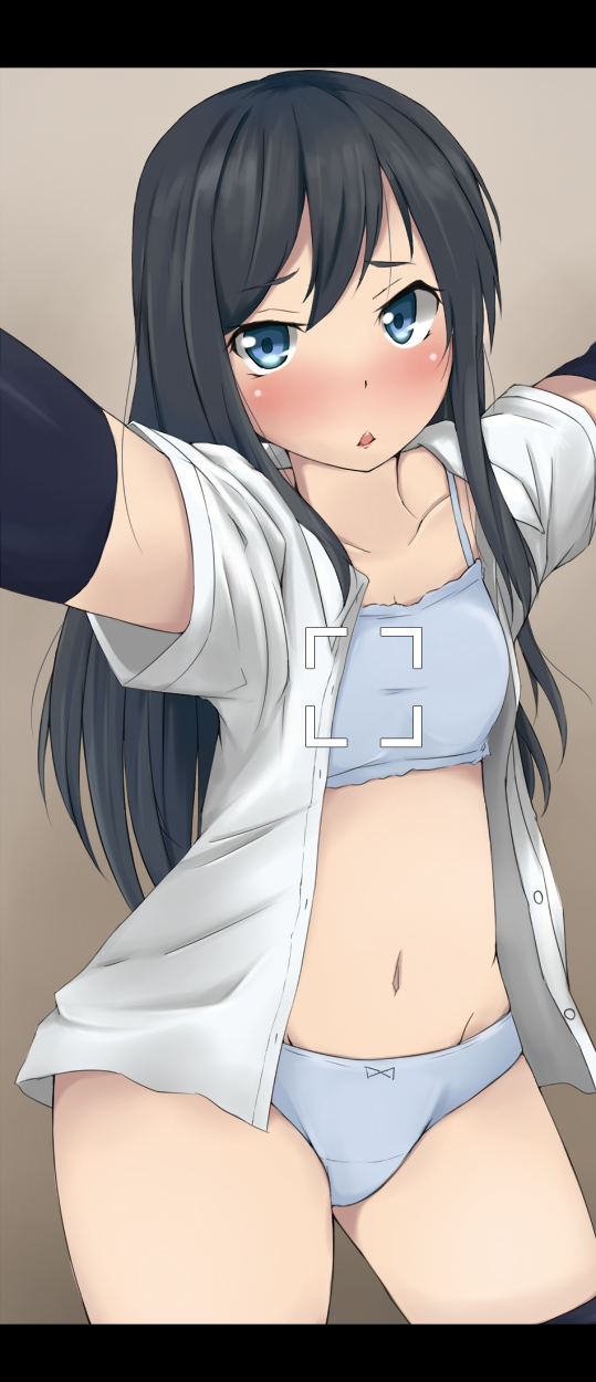 1girl arm_warmers asashio_(kantai_collection) black_hair black_legwear blue_eyes blush bra breasts grey_bra grey_panties groin highres kantai_collection letterboxed long_hair navel panties self_shot skindentation small_breasts solo tan_background thigh-highs thighs underwear wasumi_kei