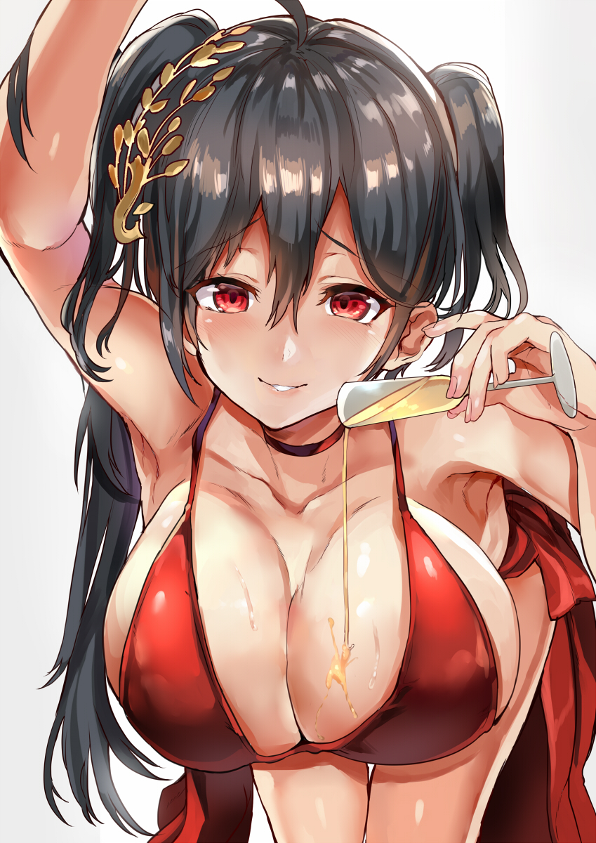 1girl ahoge alcohol alternate_costume armpits azur_lane bangs bare_shoulders black_hair blush breasts choker cleavage collarbone commentary_request crossed_bangs cup dress eyebrows_visible_through_hair gradient gradient_background hair_between_eyes hair_ornament highres himuro_(dobu_no_hotori) holding holding_cup huge_breasts large_breasts leaning_forward long_hair long_sleeves looking_at_viewer nail_polish nose_blush off_shoulder open_mouth out_of_frame parted_lips pink_nails pouring reaching_out red_dress red_eyes shiny shiny_skin sidelocks simple_background smile solo taihou_(azur_lane) upper_body very_long_hair