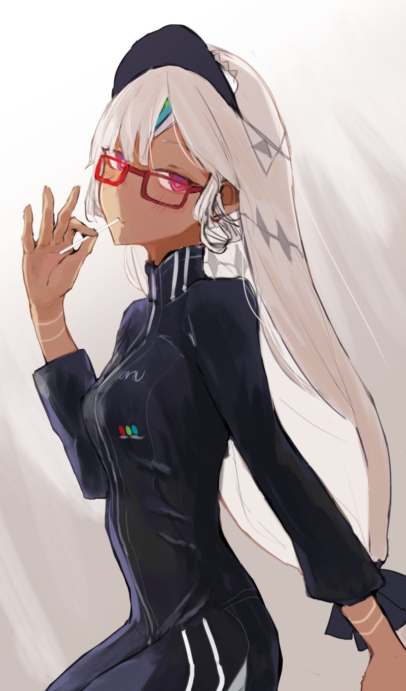 1girl altera_(fate) aruto2498 bangs black_dress blunt_bangs breasts closed_mouth dark_skin dress fate/grand_order fate_(series) food food_in_mouth glasses headdress heroic_spirit_traveling_outfit high_collar highres holding holding_food long_sleeves looking_at_viewer red-framed_eyewear red_eyes short_hair simple_background small_breasts solo tan tattoo veil visor_cap white_hair