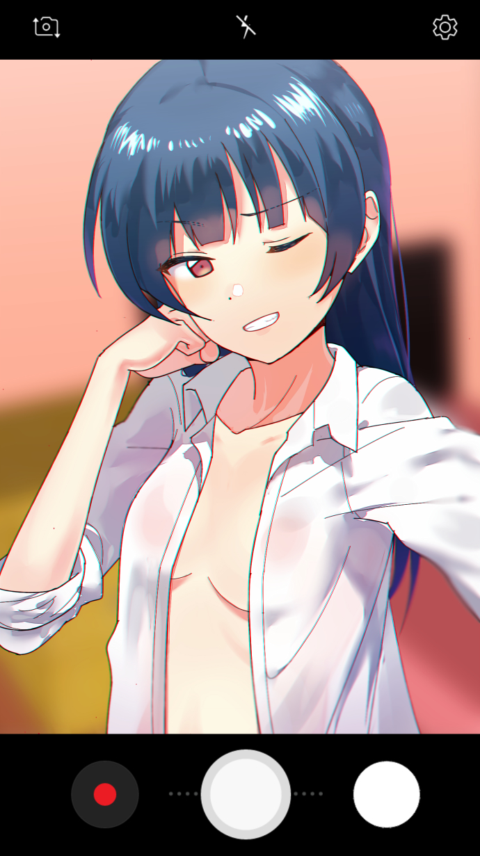 1girl bangs blue_hair blurry blurry_background breasts chromatic_aberration clenched_hand collarbone eyebrows_visible_through_hair grin hand_on_own_cheek highres long_hair looking_at_viewer love_live! love_live!_sunshine!! no_bra one_eye_closed open_clothes open_shirt phone_screen self_shot sellel shirt sleeves_rolled_up small_breasts smile solo tsushima_yoshiko upper_body violet_eyes white_shirt