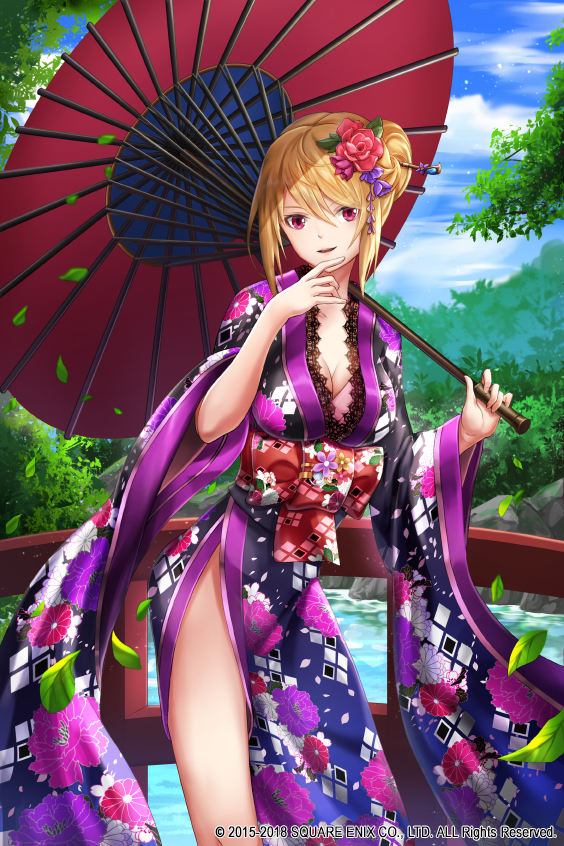 1girl bangs black_kimono blonde_hair blue_sky bow breasts cleavage clouds cloudy_sky copyright_request day eyebrows_visible_through_hair floral_print flower gradient_kimono hair_between_eyes hair_bun hair_flower hair_ornament hands_up holding holding_umbrella japanese_clothes kimono large_breasts leaf long_sleeves lunacle official_art oriental_umbrella outdoors parted_lips print_kimono purple_flower purple_kimono red_bow red_eyes red_flower red_rose red_umbrella river rose sky smile solo standing umbrella water watermark wide_sleeves