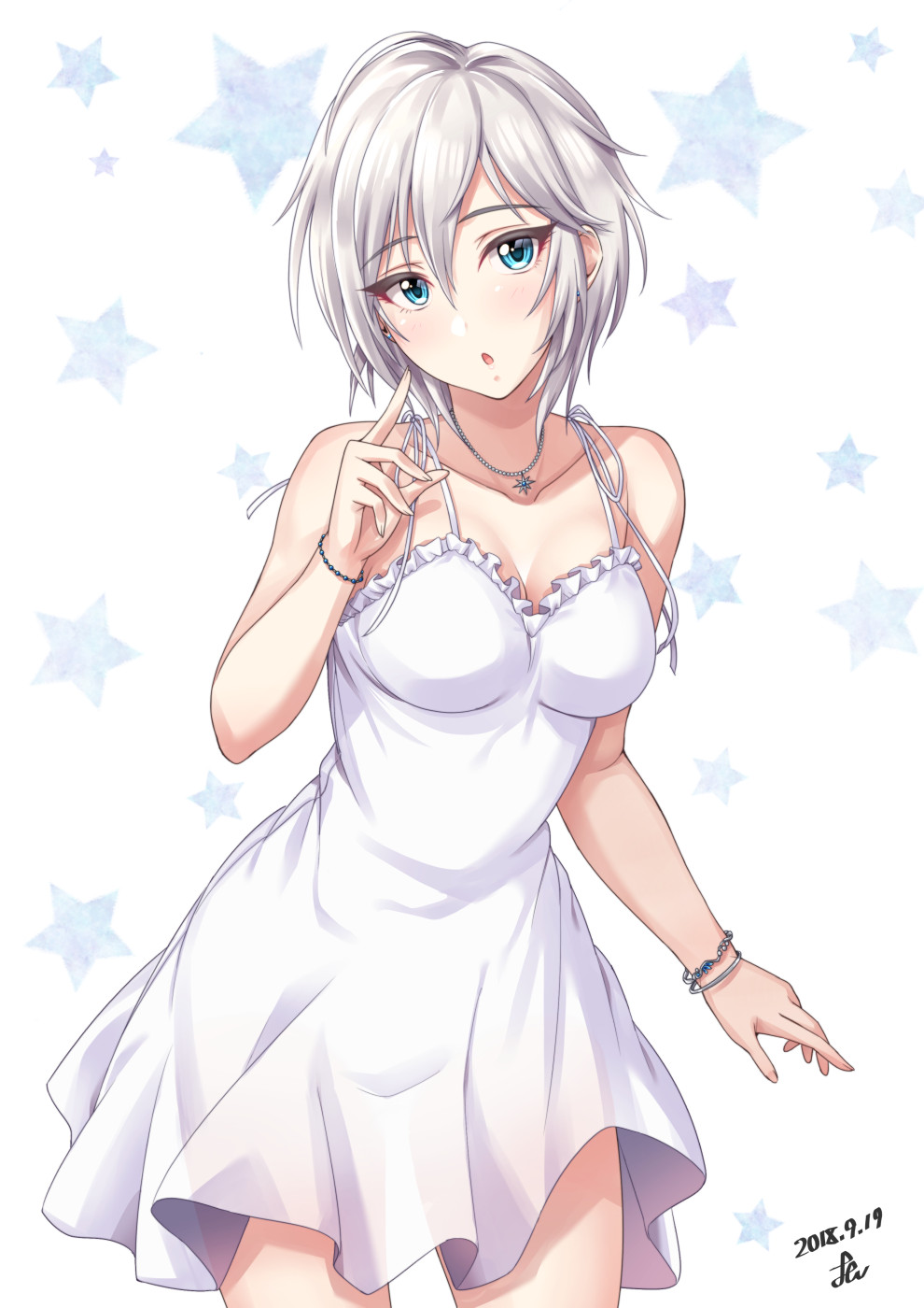 anastasia_(idolmaster) bangs bare_shoulders blue_eyes blush bracelet breasts cleavage collarbone dated dress eyelashes hair_between_eyes highres idolmaster idolmaster_cinderella_girls jewelry looking_at_viewer medium_breasts necklace open_mouth short_hair silver_hair solo_focus star starry_background thighs white_background white_dress yoohi