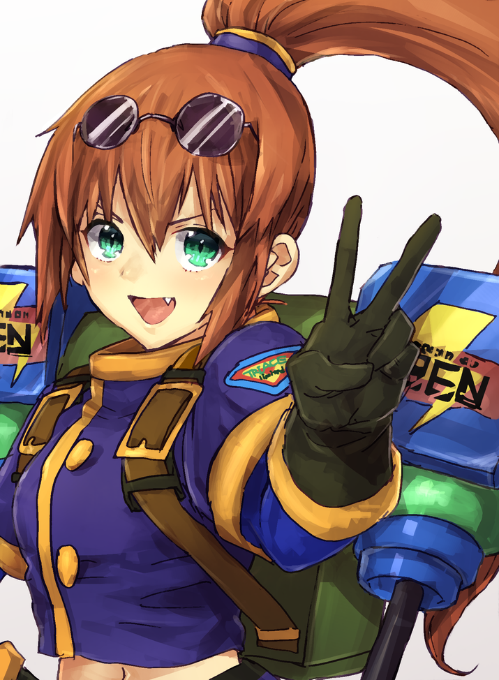 1girl :d blue_shirt breasts brown_hair commentary_request crop_top eyewear_on_head gloves green_eyes hair_between_eyes jacket long_hair looking_at_viewer mechanical_arm murata_tefu navel open_mouth ponytail precis_neumann shirt simple_background smile solo star_ocean star_ocean_the_second_story v