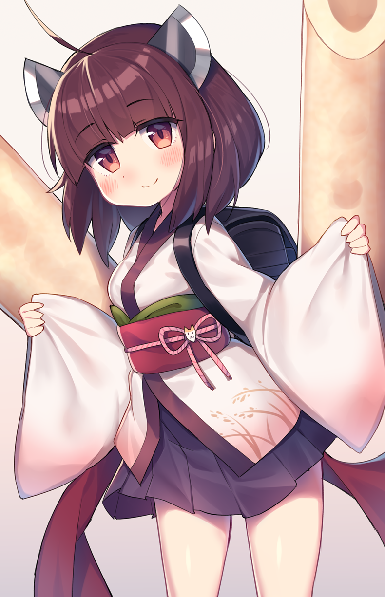 1girl ahoge backpack bag bangs blush breasts brown_eyes brown_hair closed_mouth commentary_request eyebrows_visible_through_hair headgear highres japanese_clothes kimono leaning_forward long_sleeves obi pinching_sleeves pleated_skirt purple_skirt randoseru sash short_kimono skirt sleeves_past_wrists small_breasts smile solo standing touhoku_kiritan voiceroid wagashi928 white_kimono wide_sleeves