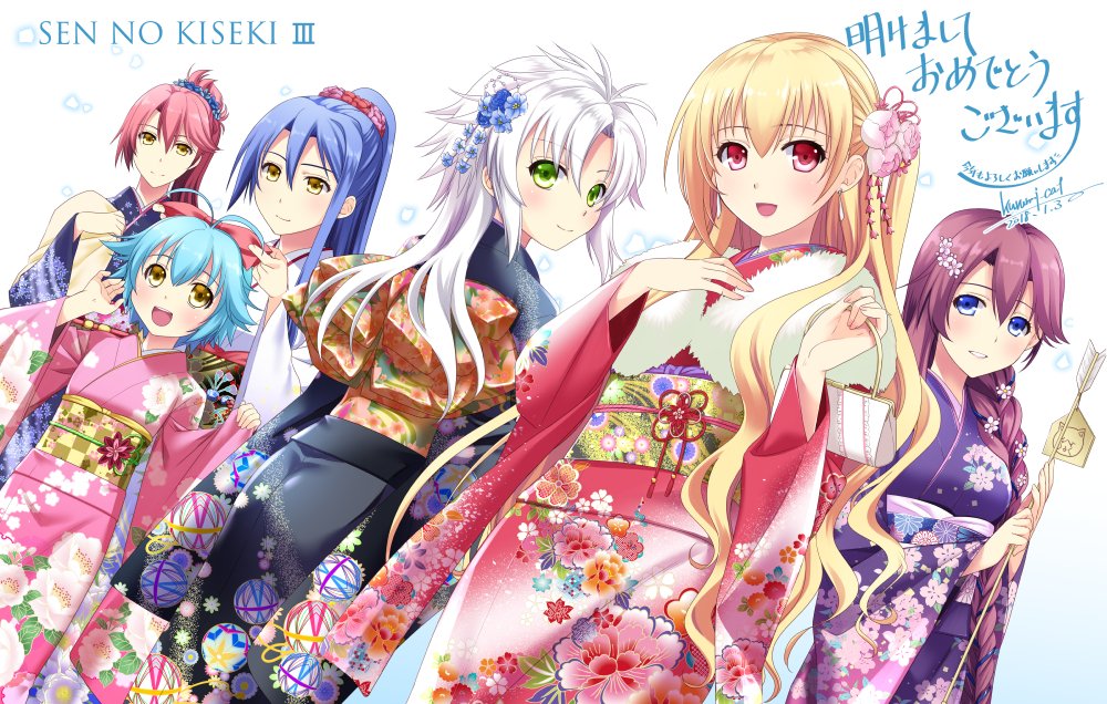 6+girls ahoge alisa_reinford alternate_costume aqua_hair arrow artist_name blue_eyes blue_hair bow braid breasts copyright_name cowboy_shot dated dutch_angle eiyuu_densetsu emma_millstein fie_claussell floral_print flower green_eyes hair_bow hair_flower hair_ornament happy_new_year japanese_clothes kimono laura_s._arzeid long_hair looking_at_viewer medium_breasts millium_orion mishy morisaki_kurumi multiple_girls new_year obi open_mouth ponytail purple_hair red_eyes redhead sara_valestein sash sen_no_kiseki side_ponytail signature silver_hair small_breasts smile translated wide_sleeves yellow_eyes