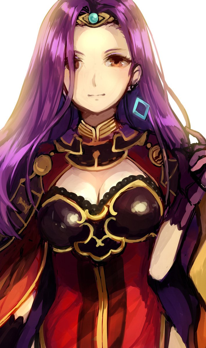1girl black_gloves breasts brown_eyes cleavage closed_mouth dress earrings fire_emblem fire_emblem_echoes:_mou_hitori_no_eiyuuou gloves jewelry jurge long_hair medium_breasts nintendo purple_hair simple_background solo sonia_(fire_emblem_gaiden) tiara upper_body white_background