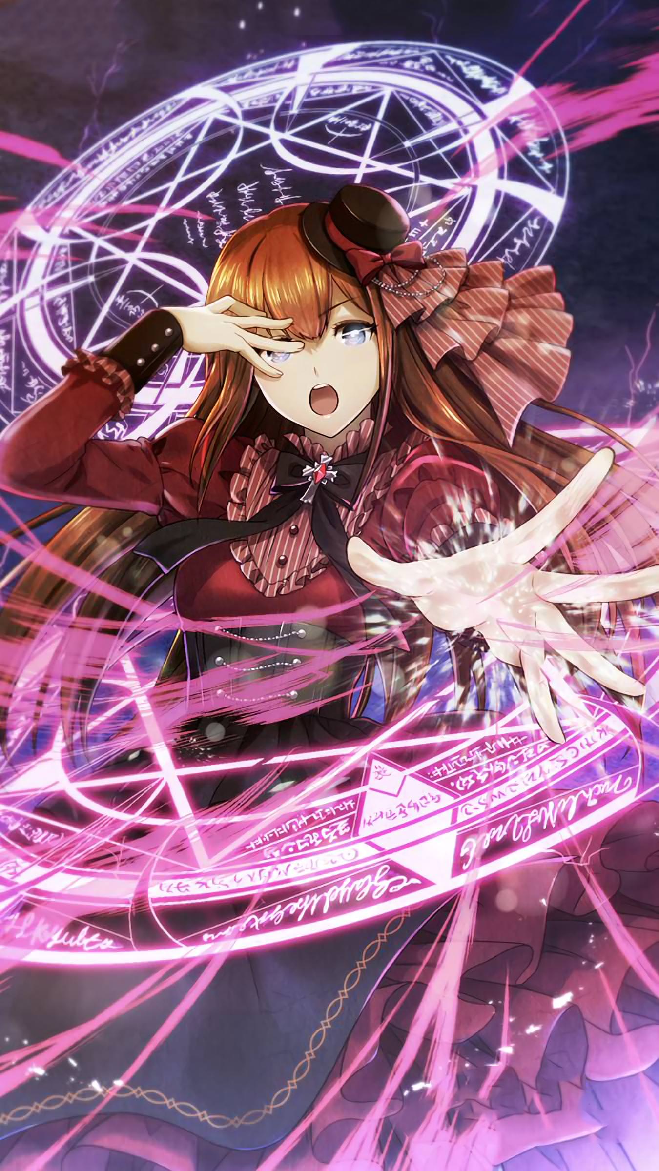1girl absurdres alternate_costume blue_eyes bow bowtie brown_hair corset cowboy_shot dress frilled_dress frills hand_over_eye hat highres huke long_hair long_sleeves looking_at_viewer magic_circle makise_kurisu mini_hat official_art open_mouth outstretched_hand puffy_long_sleeves puffy_sleeves red_dress solo steins;gate straight_hair