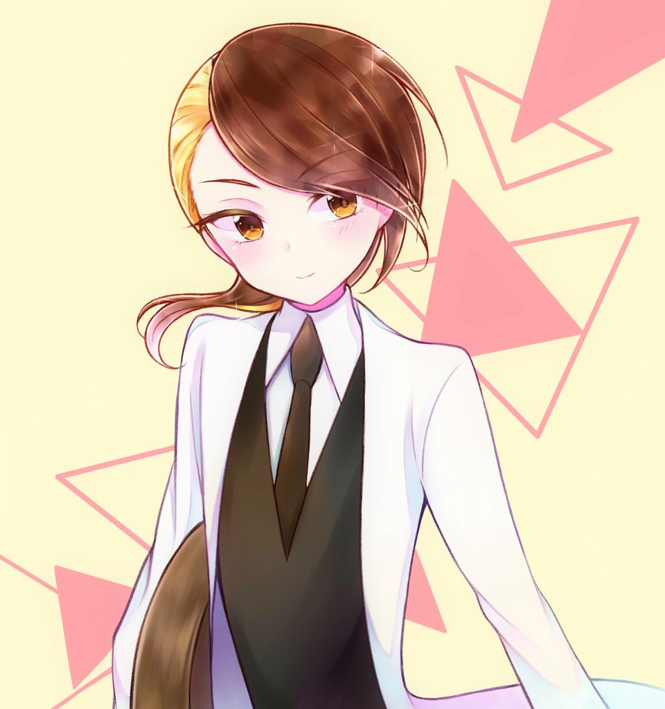 1other androgynous asymmetrical_hair blonde_hair brown_hair crystal_hair eyebrows_visible_through_hair eyes_visible_through_hair gem_uniform_(houseki_no_kuni) houseki_no_kuni kanade_00xx labcoat looking_at_viewer multicolored_hair necktie rutile_(houseki_no_kuni) short_hair smile solo two-tone_hair upper_body yellow_eyes