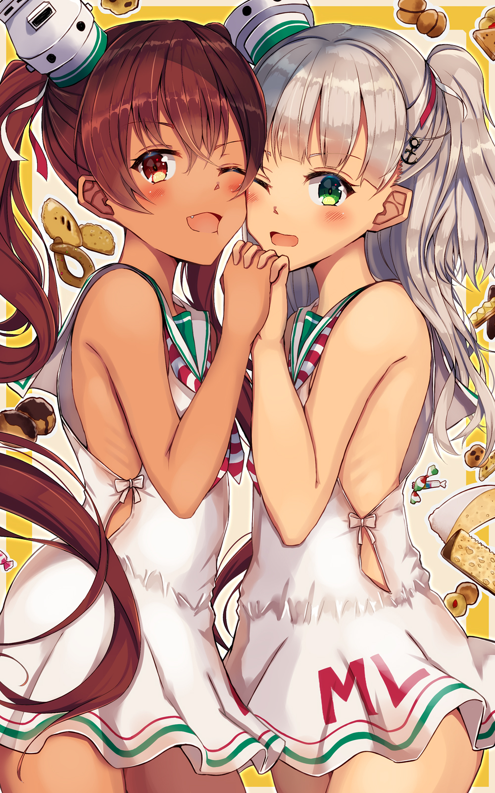 2girls ;d anchor_hair_ornament bangs bare_arms bare_shoulders blush bow cheek-to-cheek clothes_writing commentary_request cookie cowboy_shot dark_skin dress eyebrows_visible_through_hair fang food green_eyes grey_hair hair_between_eyes hair_ornament hat highres interlocked_fingers kantai_collection libeccio_(kantai_collection) long_hair looking_at_viewer maestrale_(kantai_collection) mini_hat multiple_girls natsu_narumi neckerchief one_eye_closed one_side_up open_mouth red_eyes ribbon sailor_collar sailor_dress shiny shiny_hair sleeveless sleeveless_dress smile striped_neckwear thighs twintails two-tone_background white_background white_bow white_dress white_hat white_ribbon white_sailor_collar