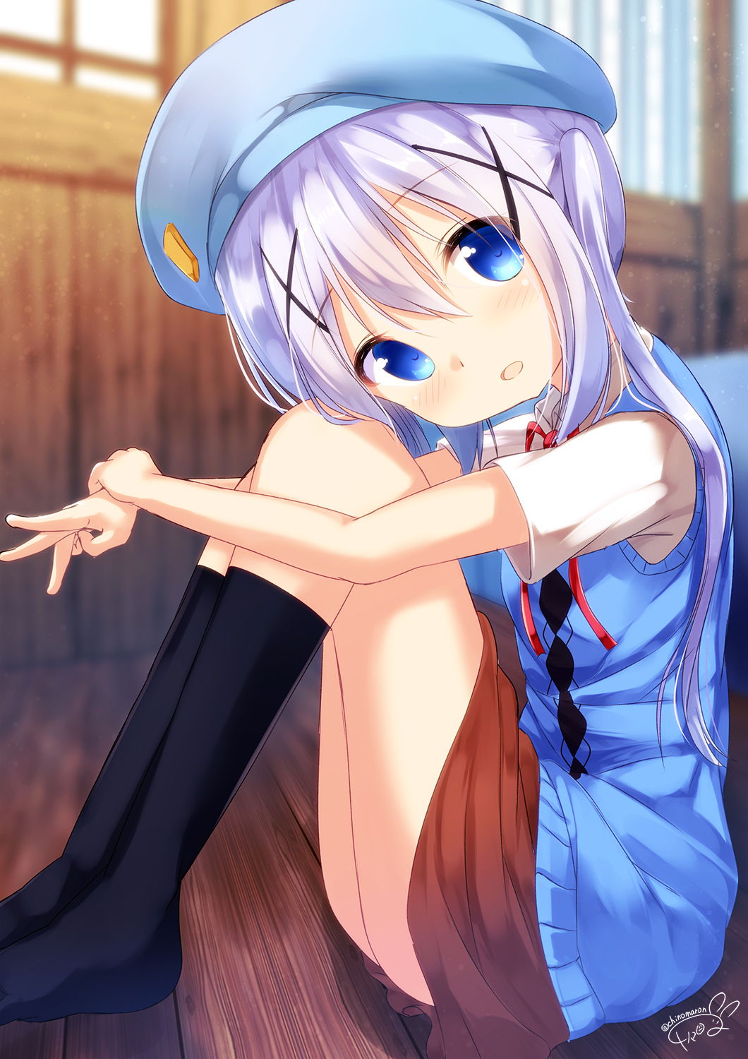 1girl bangs beret black_legwear blue_eyes blue_hat blurry blurry_background blush brown_skirt chinomaron commentary_request depth_of_field eyebrows_visible_through_hair gochuumon_wa_usagi_desu_ka? hair_between_eyes hat head_tilt highres indoors kafuu_chino kneehighs looking_at_viewer neck_ribbon no_shoes on_floor parted_lips purple_hair red_ribbon ribbon shirt short_hair signature sitting skirt solo sweater_vest twitter_username white_shirt wooden_floor