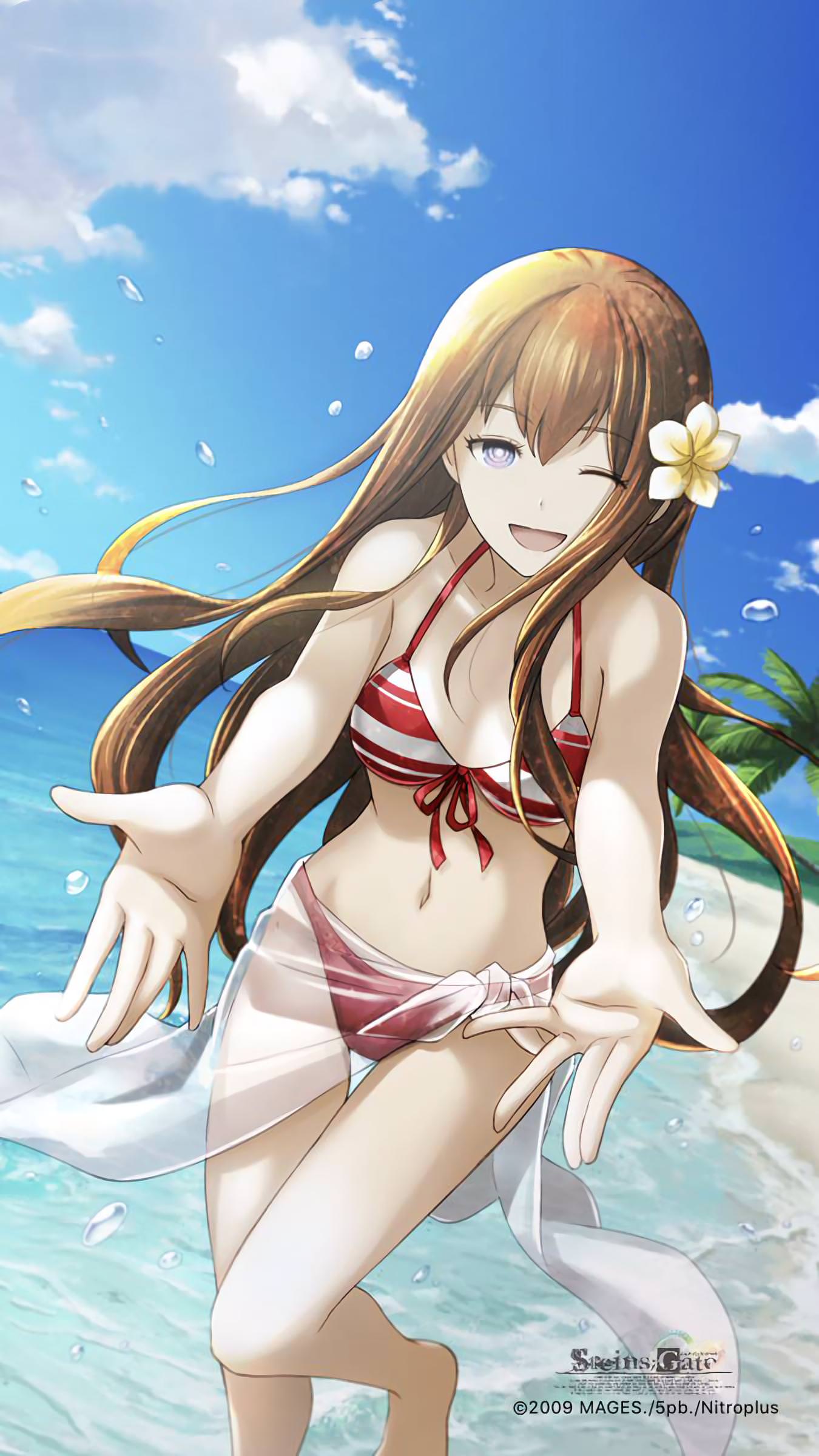 00s 1girl 2009 absurdres alternate_costume beach bikini breasts brown_hair cleavage clouds cloudy_sky copyright_name cowboy_shot cute droplet dutch_angle flower hair_flower hair_ornament highres huke long_hair looking_at_viewer makise_kurisu navel ocean official_art one_eye_closed open_mouth outstretched_hand palm_tree red_bikini sarong see-through sky small_breasts smile solo standing steins;gate straight_hair striped_bikini_top swimsuit tree watermark wink