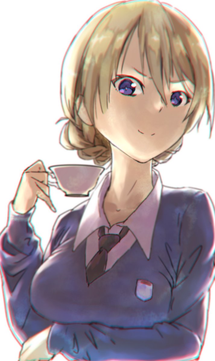 1girl bangs black_neckwear blonde_hair blue_eyes blue_sweater breast_hold breasts closed_mouth commentary cup darjeeling dress_shirt emblem girls_und_panzer goripan holding holding_cup long_sleeves looking_at_viewer necktie portrait school_uniform shirt short_hair simple_background smile solo st._gloriana's_(emblem) st._gloriana's_school_uniform sweater teacup tied_hair v-neck white_background white_shirt wing_collar