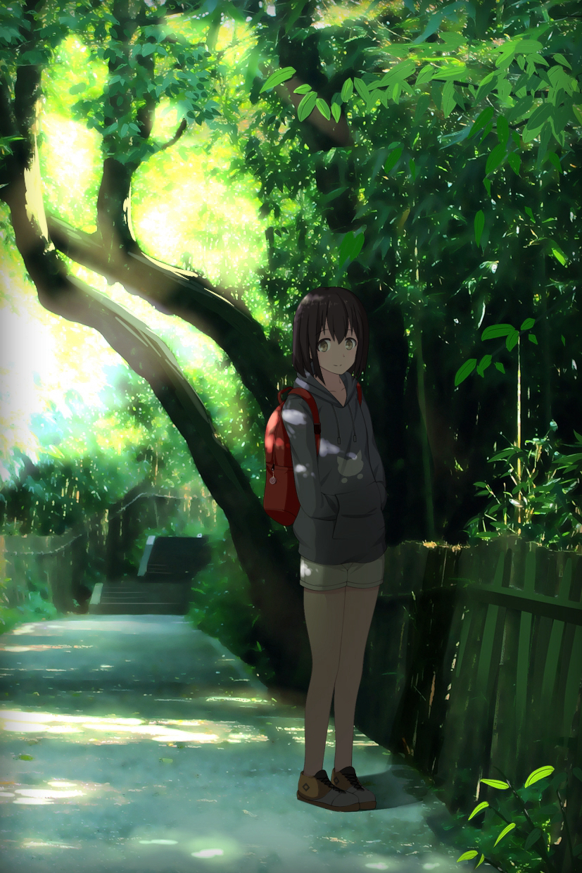 1girl backpack bag black_hair brown_eyes dappled_sunlight fence grey_hoodie hands_in_pocket highres hood hood_down hoodie looking_at_viewer medium_hair original path plant red_backpack road scenery shoes shorts sneakers stairs standing sunlight sweatshirt too-ye tree