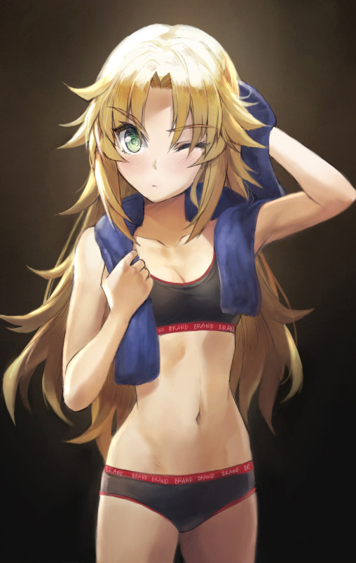 1girl alternate_hairstyle black_bra black_panties blonde_hair blue_towel blush bra breasts collarbone commentary english_commentary eyebrows_visible_through_hair fate/apocrypha fate_(series) green_eyes long_hair mordred_(fate) mordred_(fate)_(all) navel one_eye_closed panties small_breasts solo sports_bra tonee towel underwear