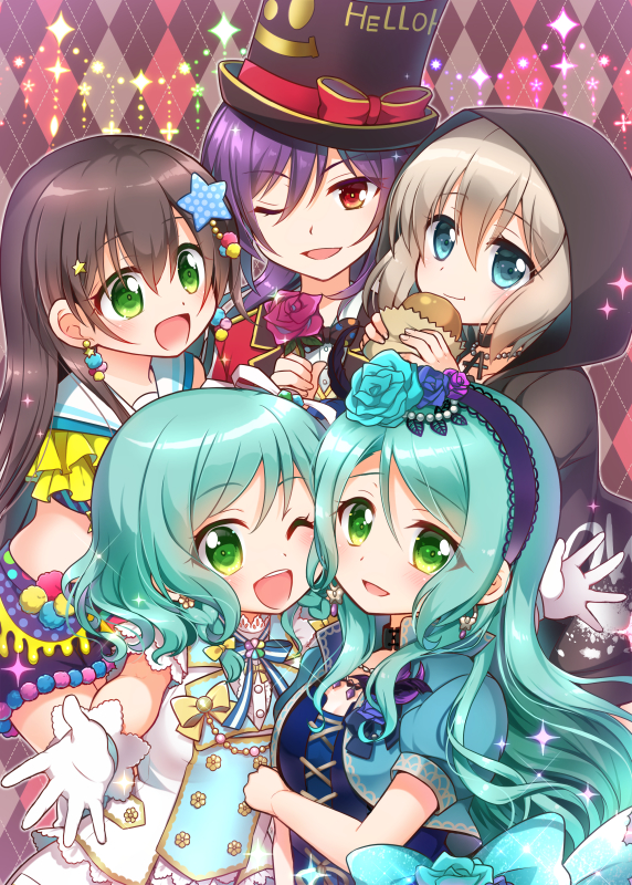 5girls :d ;d aoba_moka aqua_hair argyle argyle_background bang_dream! black_choker black_hair black_jacket blue_eyes blue_flower blue_neckwear blue_rose bow bread choker clothes_writing commentary_request crop_top cropped_jacket cross-laced_clothes double-breasted earrings eyebrows_visible_through_hair flower food frills gloves green_eyes grey_hair hair_bow hair_flower hair_ornament hairband hanazono_tae hand_on_own_arm hat hat_ribbon headwear_writing hikawa_hina hikawa_sayo holding holding_flower holding_food hood hood_up hooded_jacket jacket jewelry long_hair looking_at_viewer multiple_girls neck_ribbon necklace one_eye_closed open_mouth ousawa_kanata pendant pom_pom_(clothes) ponytail purple_hair red_eyes red_ribbon ribbon rose sailor_collar seta_kaoru short_hair short_sleeves shorts side_braids smile sparkle star star_hair_ornament striped_neckwear top_hat upper_teeth white_gloves yellow_bow