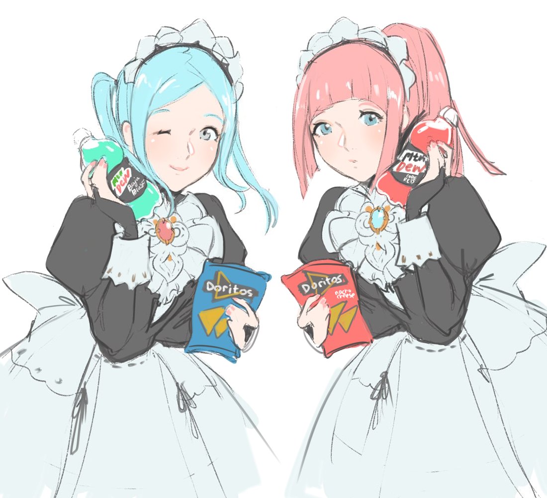 2girls apron blue_eyes blue_hair doritos felicia_(fire_emblem_if) fire_emblem fire_emblem_if flora_(fire_emblem_if) food jivke long_hair maid maid_apron maid_headdress multiple_girls nintendo pink_hair ponytail simple_background smile twintails