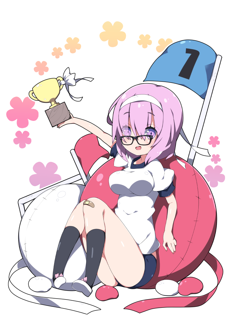 1girl :d arm_up bangs black-framed_eyewear black_legwear blue_buruma blush breasts buruma commentary_request eyebrows_visible_through_hair eyes_visible_through_hair fate/grand_order fate_(series) flag glasses gym_shirt gym_uniform hair_over_one_eye hairband kneehighs large_breasts mash_kyrielight milkpanda open_mouth outstretched_arm puffy_short_sleeves puffy_sleeves purple_hair shirt shoes short_sleeves sidelocks sitting smile solo thighs trophy violet_eyes white_background white_footwear white_hairband white_shirt