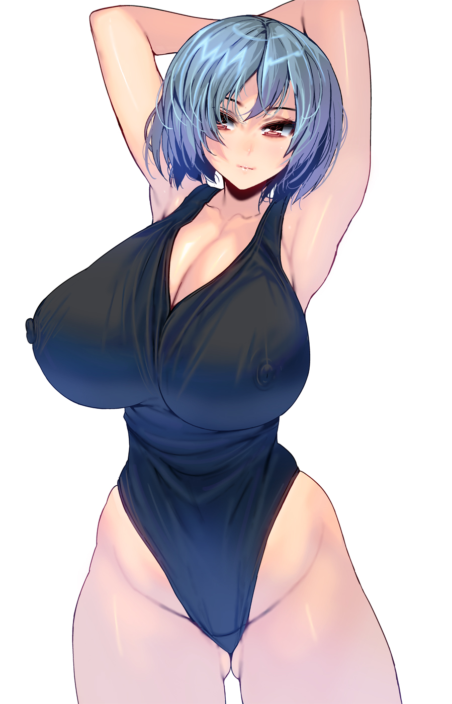 1girl armpits arms_up ass_visible_through_thighs blue_hair breasts cleavage commentary_request covered_nipples curvy groin highres hips huge_breasts light_smile looking_at_viewer masao original red_eyes short_hair simple_background solo swimsuit thick_thighs thighs white_background