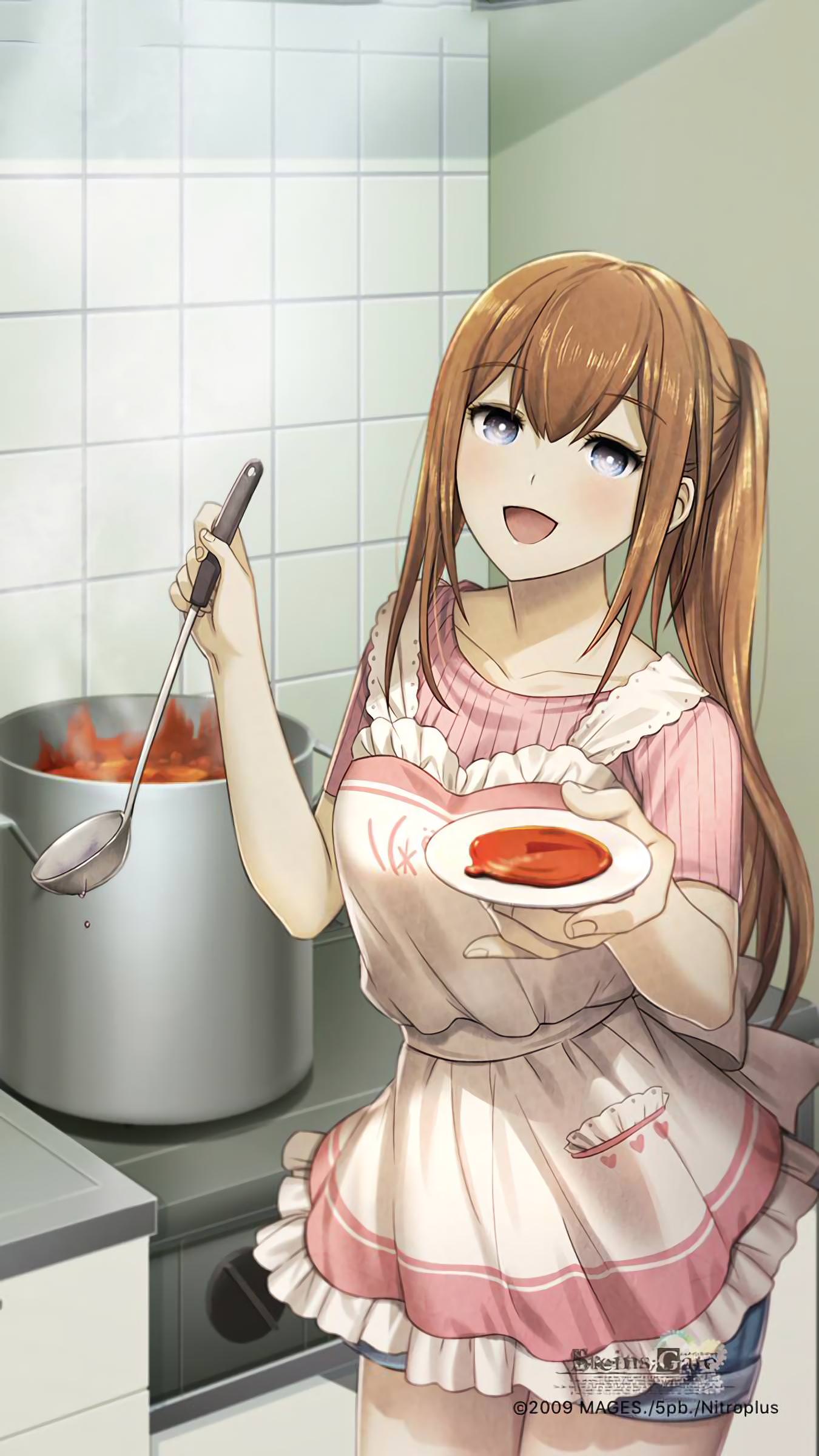 00s 1girl 2009 absurdres apron blue_eyes breasts brown_hair collarbone cooking copyright_name cowboy_shot cute highres huke kitchen ladle long_hair looking_at_viewer makise_kurisu medium_breasts official_art open_mouth ponytail pot ribbed_sweater saucer short_shorts short_sleeves shorts smile solo soup_ladle standing steins;gate sweater watermark