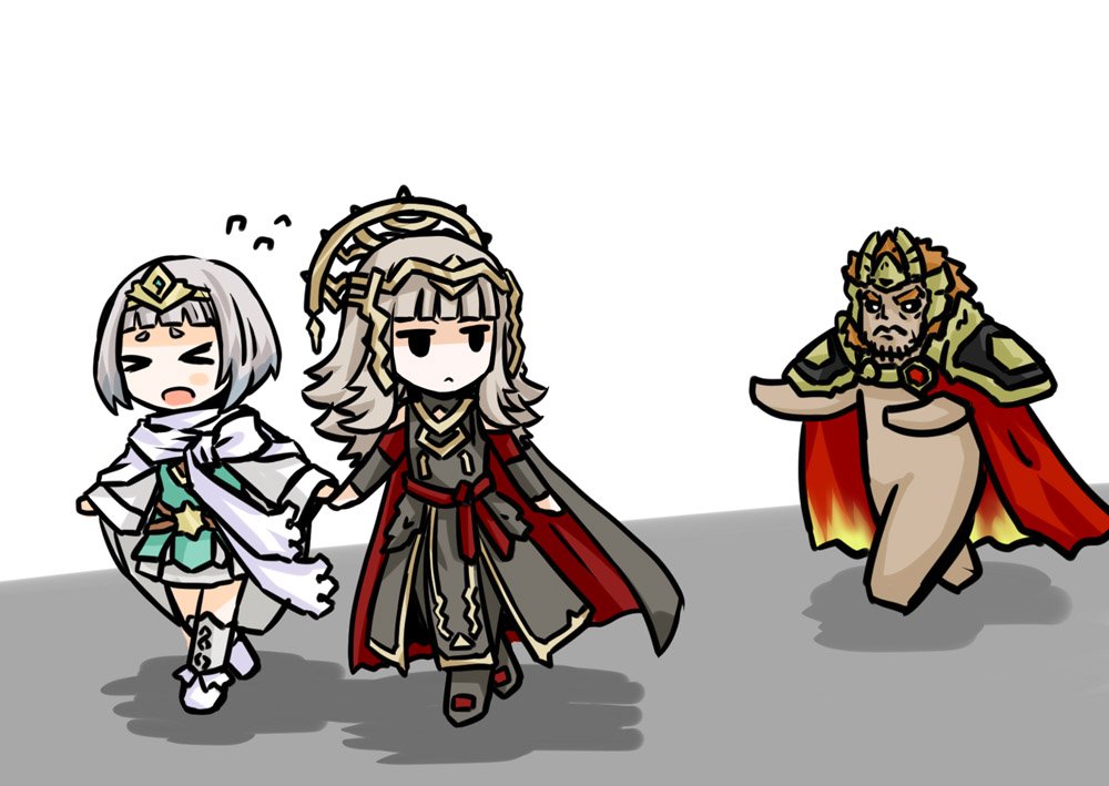 &gt;_&lt; 1boy 2girls belt cape closed_mouth crown dark_skin dark_skinned_male dress fire_emblem fire_emblem_heroes grey_hair hair_ornament helmet horned_helmet long_hair multiple_girls nintendo open_mouth orange_hair short_dress short_hair simple_background surtr_(fire_emblem_heroes) tenmaru tiara veronica_(fire_emblem) white_background ylgr_(fire_emblem_heroes)