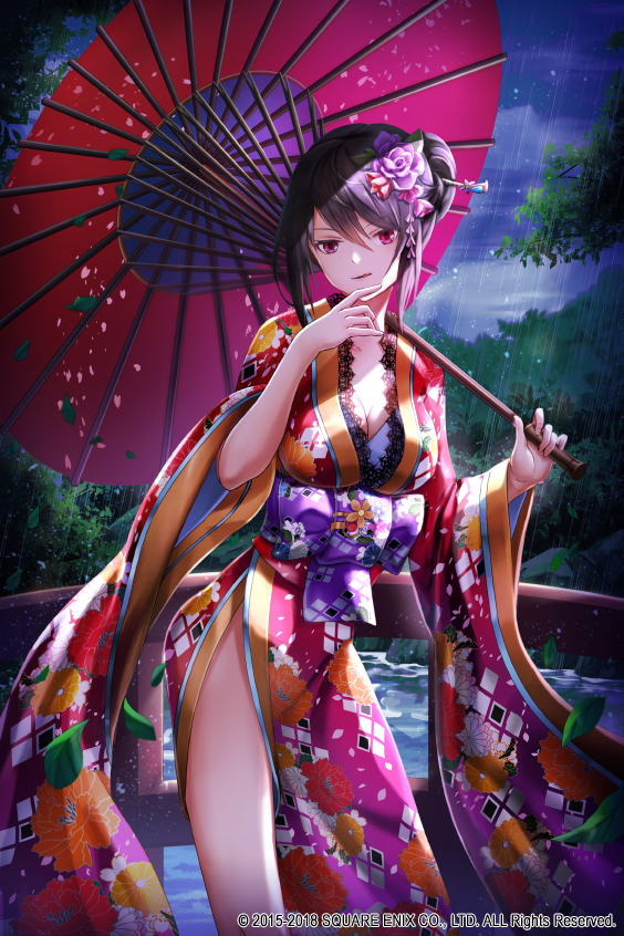 1girl bangs black_hair bow breasts cleavage clouds cloudy_sky commentary_request copyright_request eyebrows_visible_through_hair floral_print flower gradient_kimono hair_between_eyes hair_bun hair_flower hair_ornament hands_up head_tilt holding holding_umbrella japanese_clothes kimono large_breasts leaf long_sleeves lunacle official_art oriental_umbrella outdoors print_kimono purple_bow purple_flower purple_kimono purple_rose rain red_eyes red_flower red_kimono red_umbrella river rose sky solo standing tongue tongue_out umbrella water watermark wide_sleeves