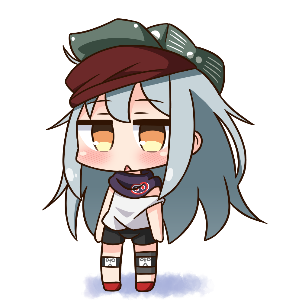 1girl :&lt; bangs bike_shorts black_shorts blush brown_eyes chibi commentary_request eyebrows_visible_through_hair flat_cap full_body g11_(girls_frontline) girls_frontline green_hat hair_between_eyes hana_kazari hat long_hair looking_at_viewer parted_lips red_footwear short_shorts shorts silver_hair solo standing strap_slip tank_top triangle_mouth very_long_hair white_background white_tank_top