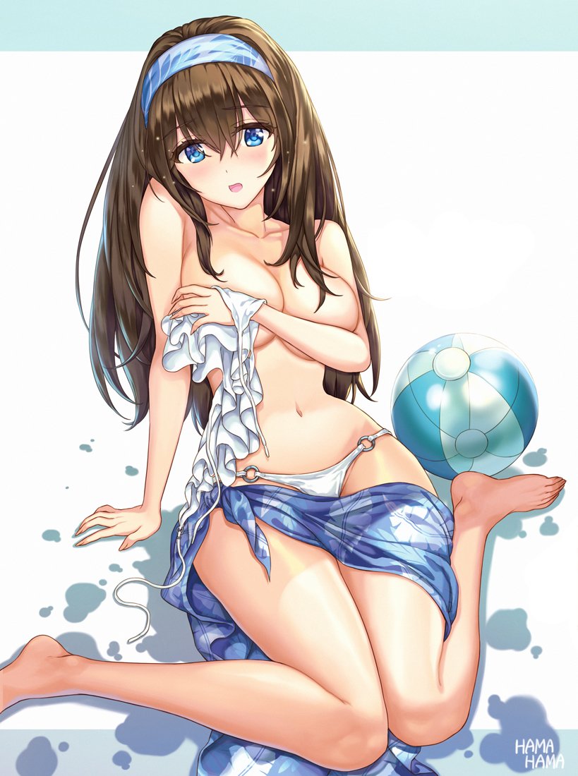 1girl arm_support ball bare_legs barefoot beachball bikini blue_eyes breast_hold breasts brown_hair covering covering_breasts eyebrows_visible_through_hair hairband hhama idolmaster idolmaster_cinderella_girls large_breasts long_hair navel o-ring o-ring_bikini o-ring_bottom sagisawa_fumika sarong sidelocks sitting solo swimsuit untied untied_bikini wardrobe_malfunction wariza white_bikini