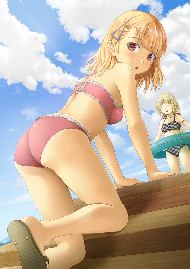 2girls :d arm_support ass bikini blonde_hair blue_sky breasts checkered checkered_bikini closed_eyes clouds collar day frilled_bikini frills hair_ornament ibushigin long_hair looking_at_viewer looking_back multiple_girls open_mouth outdoors pink_bikini red_eyes rune_factory shiny shiny_hair short_hair sky small_breasts smile solo_focus strapless strapless_bikini swimsuit