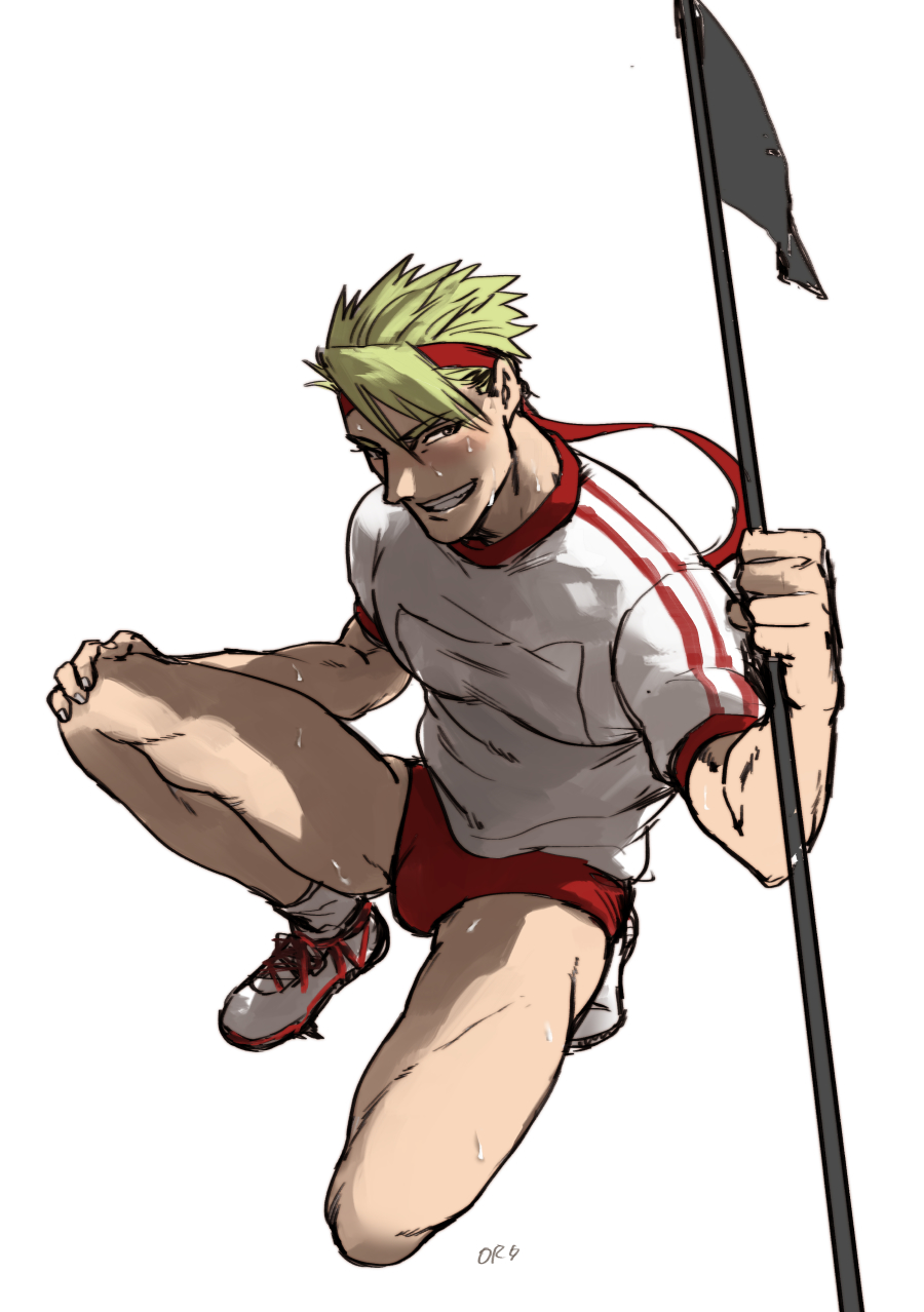 1boy achilles_(fate) bloomers fate/grand_order fate_(series) flag green_hair grin gym_shirt gym_uniform headband highres kitano_gori looking_at_viewer male_focus name_tag shirt shoes simple_background smile sneakers socks solo squatting sweat underwear white_background white_shirt