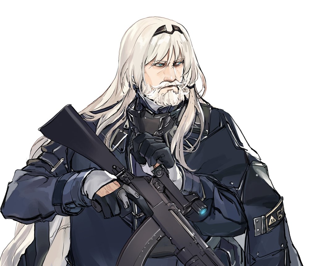 1boy an-94 an-94_(girls_frontline) arm_strap assault_rifle bangs beard black_gloves black_hairband black_jacket black_ribbon blonde_hair blue_eyes closed_mouth commentary facial_hair flipped_hair gas_mask girls_frontline gloves gun hairband holding holding_weapon jacket jacket_on_shoulders kws long_hair long_sleeves looking_to_the_side low_tied_hair mask mask_around_neck mask_removed mustache open_clothes ribbon rifle sidelocks simple_background solo tactical_clothes tied_hair trigger_discipline upper_body weapon white_background