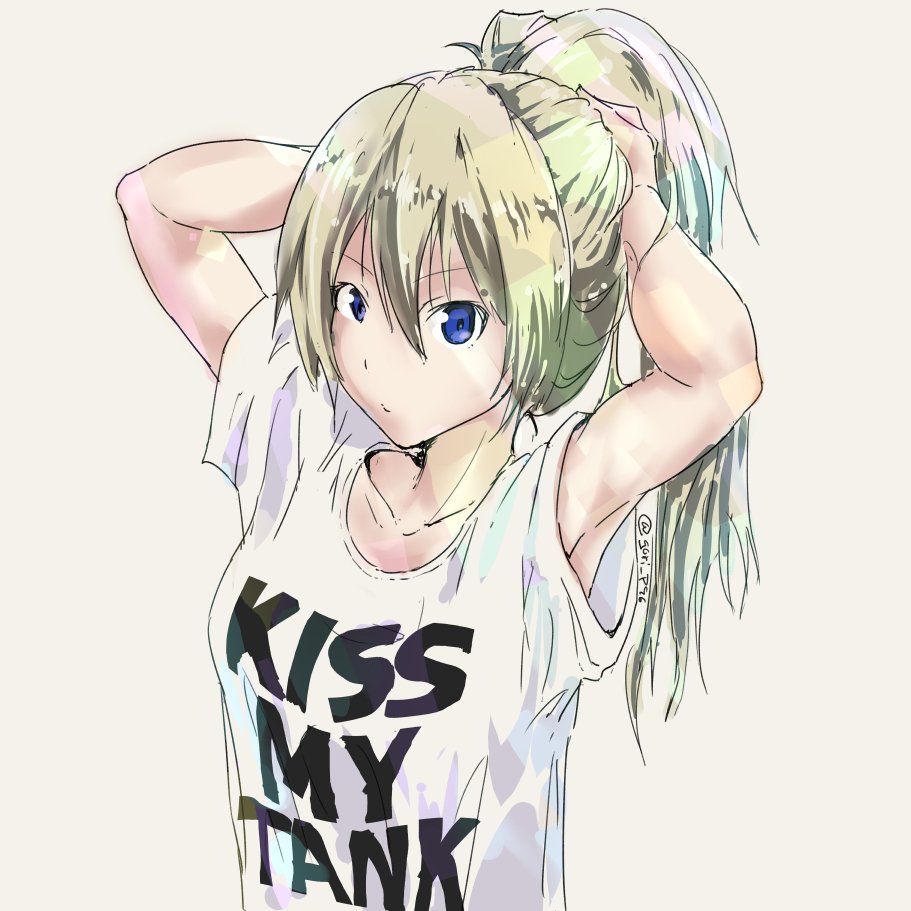 1girl adjusting_hair alternate_hairstyle arms_up bangs blonde_hair blue_eyes casual clothes_writing commentary darjeeling english girls_und_panzer goripan hair_down shirt short_sleeves simple_background solo t-shirt twitter_username white_background white_shirt