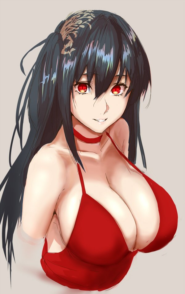 1girl azur_lane bangs bare_shoulders black_hair breasts cleavage collar collarbone commentary_request dress eyebrows_visible_through_hair hair_between_eyes hair_ornament hashimoto_(frog_flag) large_breasts long_hair looking_at_viewer parted_lips red_dress red_eyes sideboob smile solo taihou_(azur_lane) twintails upper_body