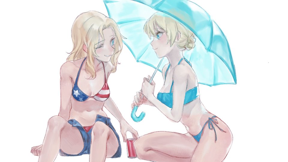 2girls american_flag_bikini aqua_bikini aqua_umbrella arm_support bangs bikini blonde_hair blue_eyes blue_shorts breasts can closed_mouth darjeeling denim denim_shorts flag_print girls_und_panzer holding holding_can holding_umbrella kay_(girls_und_panzer) leaning_forward long_hair looking_at_another medium_breasts multiple_girls one_eye_closed open_clothes open_shorts parted_lips short_hair short_shorts shorts side-tie_bikini sitting smile soramame_(corndog) swimsuit tied_hair umbrella yokozuwari