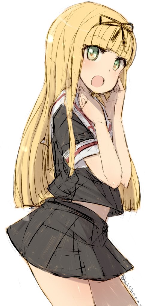 1girl alchera bangs black_serafuku blonde_hair green_eyes hair_ornament hair_ribbon kantai_collection long_hair looking_at_viewer midriff midriff_peek ribbon school_uniform serafuku simple_background sketch skirt solo thigh-highs watermark white_background yuudachi_(kantai_collection)